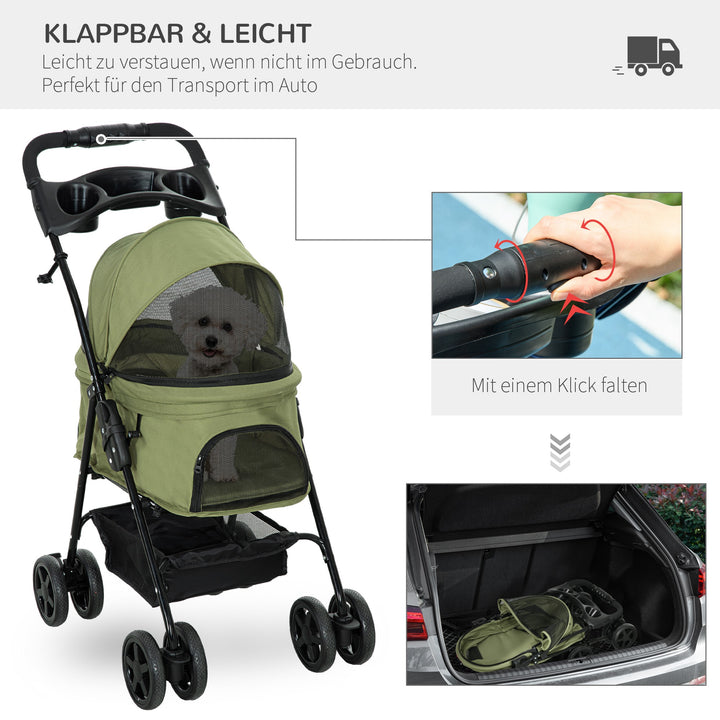 Hundeklapvogn/hundevogn, foldbar, med 2 sikkerhedssnore og 2 kopholdere, 67 x 45 x 96 cm, khaki
