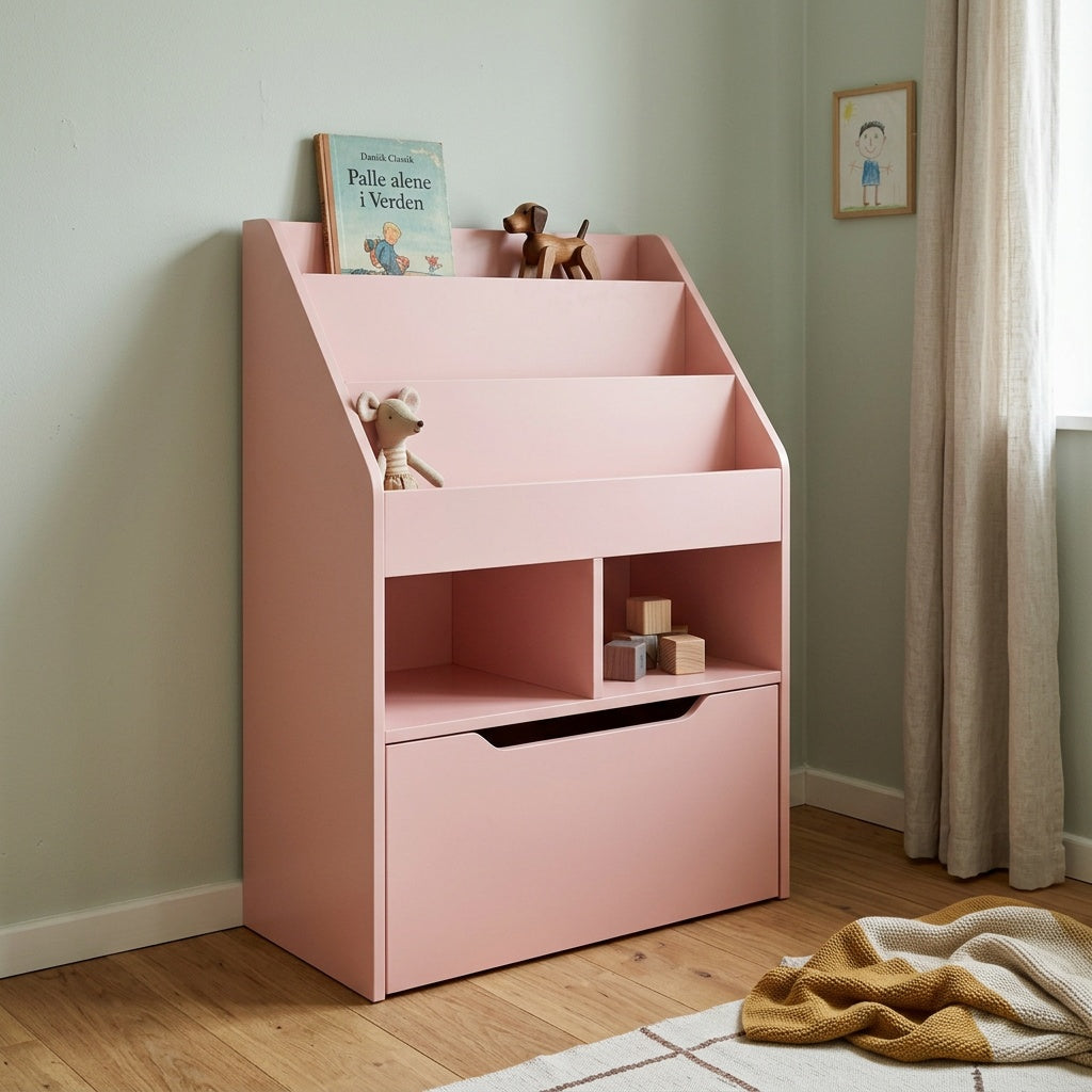 Børnereol i pink med bøger og legetøj