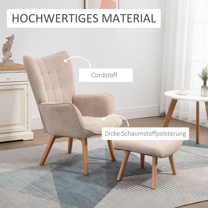 Accentstol med skammel, fløjlsbøjle lænestol, lænestol med træben, til stue, beige