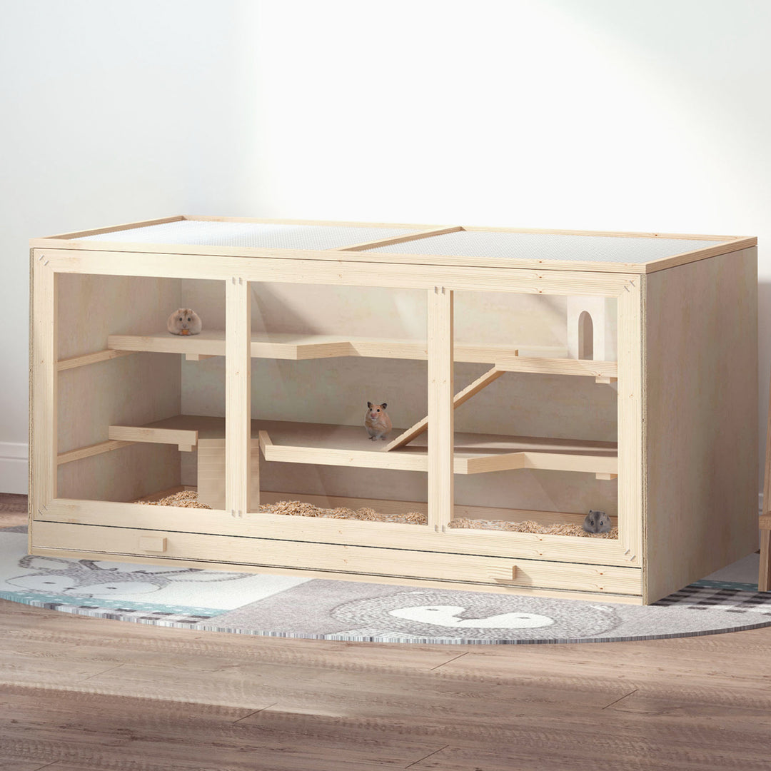 Hamsterbur af træ, 3 niveauer, gnaverbur med rengøringsbar hylde, smådyrsbur med foldelåg, trappe, træbur, bur til hamstere, dværghamstere, 115 x 57 x 55 cm, naturtræ