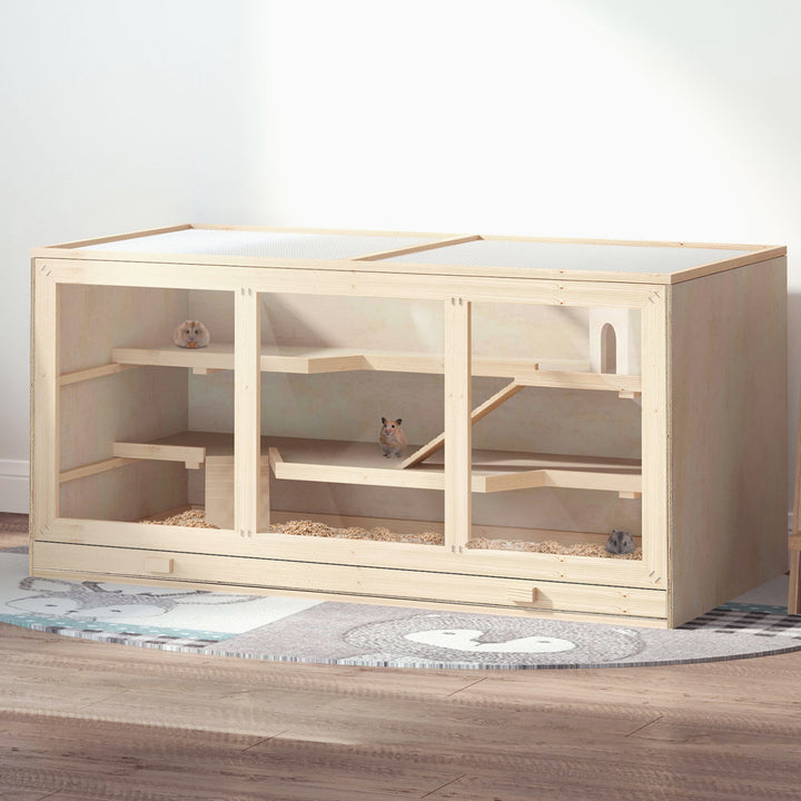 Hamsterbur af træ, 3 niveauer, gnaverbur med rengøringsbar hylde, smådyrsbur med foldelåg, trappe, træbur, bur til hamstere, dværghamstere, 115 x 57 x 55 cm, naturtræ