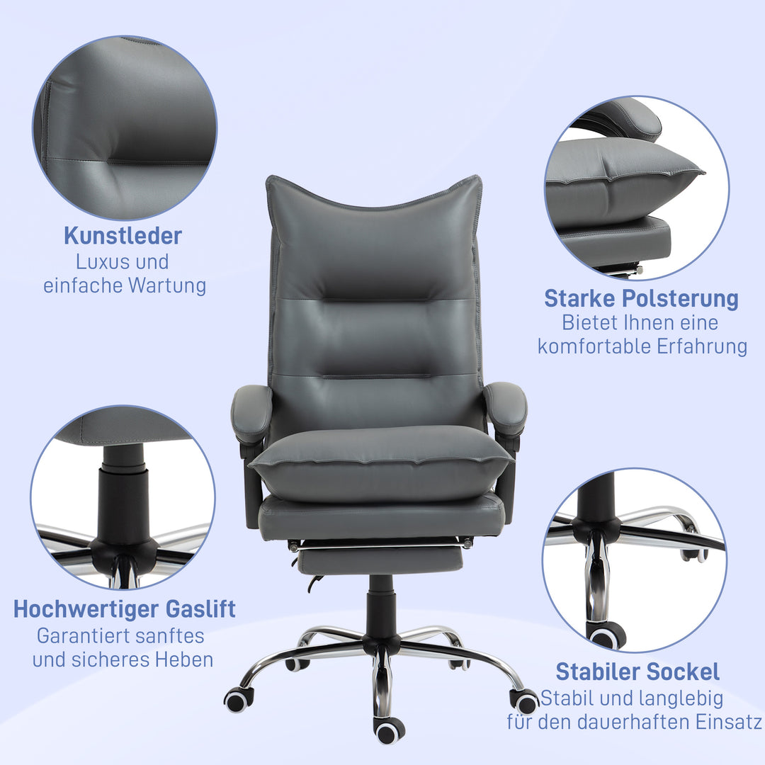 Ergonomisk kontorstol, justerbar sædehøjde, lænelæn, kunstlæder, mørkegrå