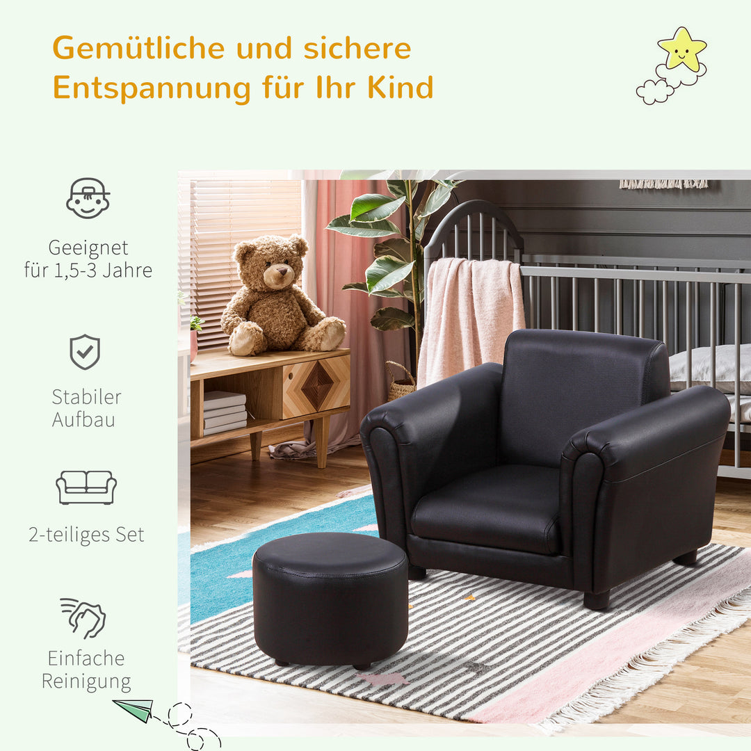Børnelænestol med fodskammel, børnesofa, børnesofa, minisofa til 1,5-3 år gamle børn, børnemøbler, træ, sort, 54 x 42 x 41 cm