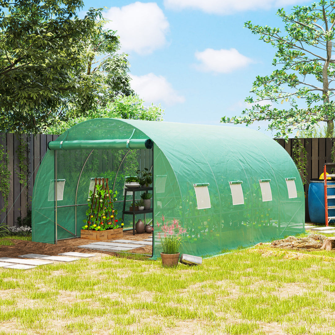 Polytunnel drivhus med plastikdæksel og stålramme, walk-in drivhustelt med rulledøre, grøn