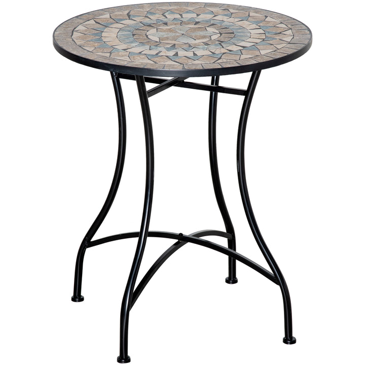 Havebord, mosaikbord, rundt bistrobord, sidebord med mosaikplade, keramik, metal, grøn+beige+hvid, Ø60 cm