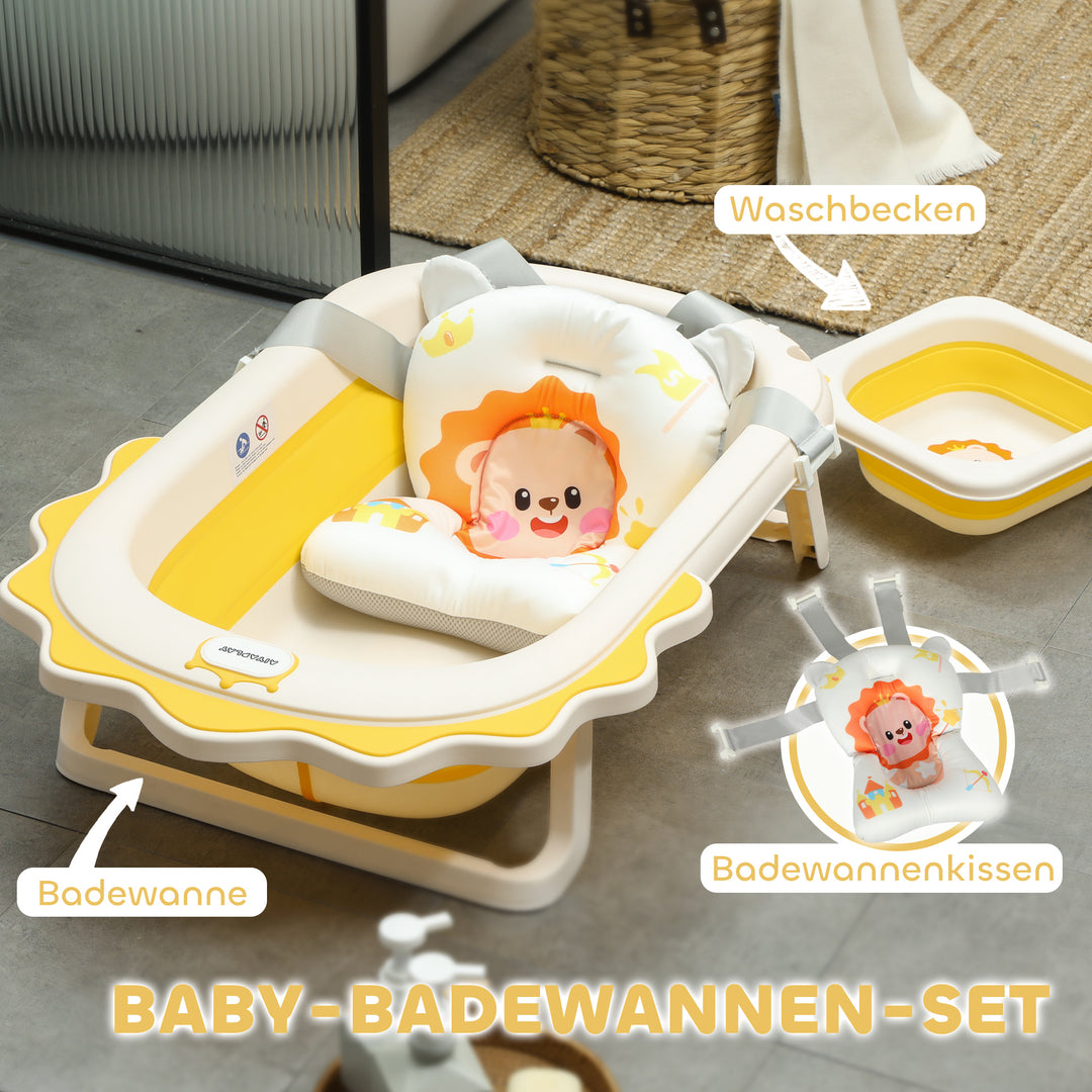 Babybadekar med vask, foldbar, skridsikker bund, komfortabel badehynde, gul