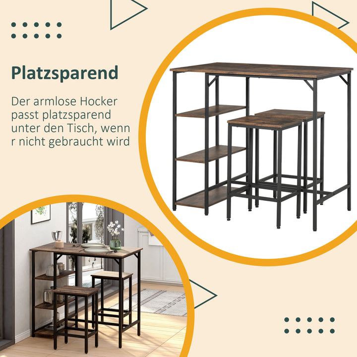 Barbordsæt højbord med 2 barstole spisebordsæt 3-delt bordsæt køkkenbord med hylder spånplade stål rustik brun+sort 109 x 60 x 100 cm