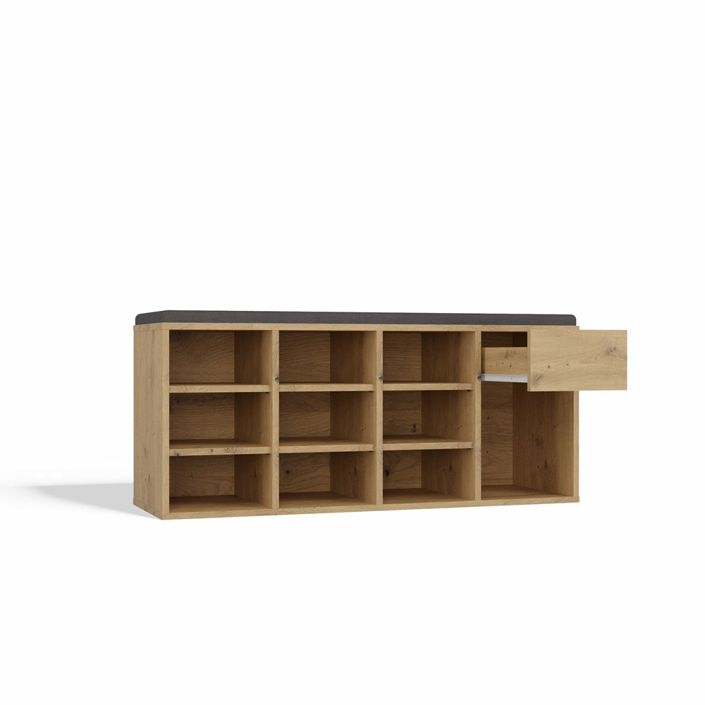Åben skobænk med skuffe, naturfarvet