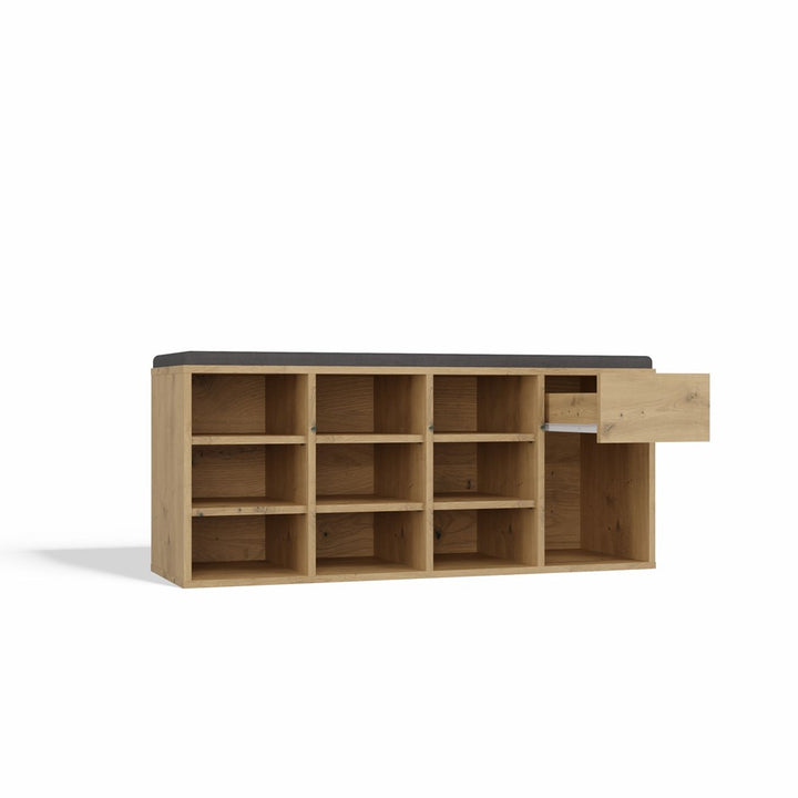 Åben skobænk med skuffe, naturfarvet