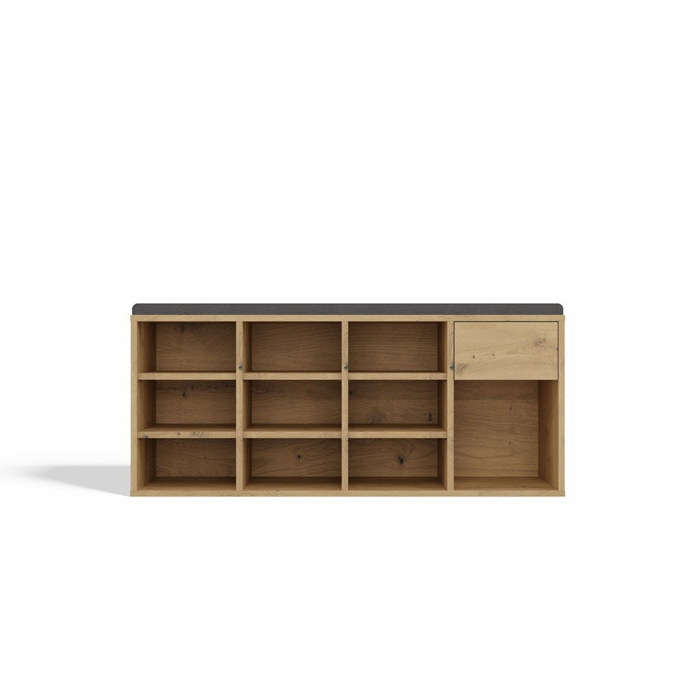 Åben skobænk med skuffe, naturfarvet