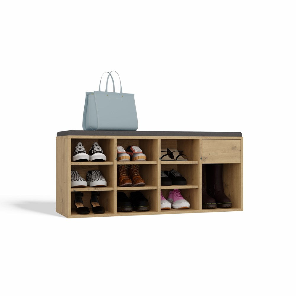 Åben skobænk med skuffe, naturfarvet