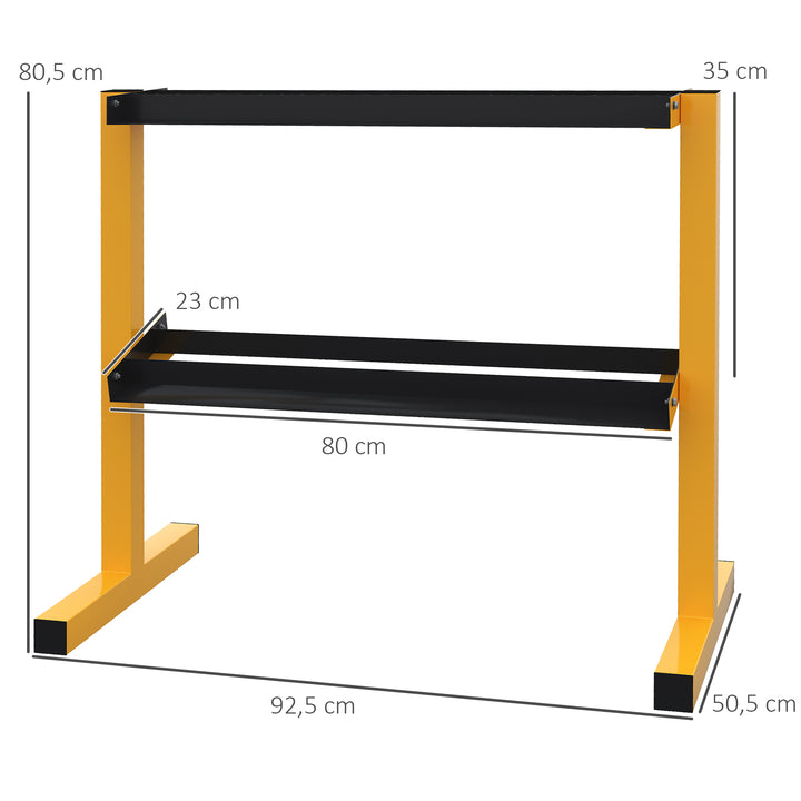 Håndvægtstativ til håndvægte, op til 270 kg, 2 hylder, stålramme, gul, 92,5 x 50,5 x 80,5 cm