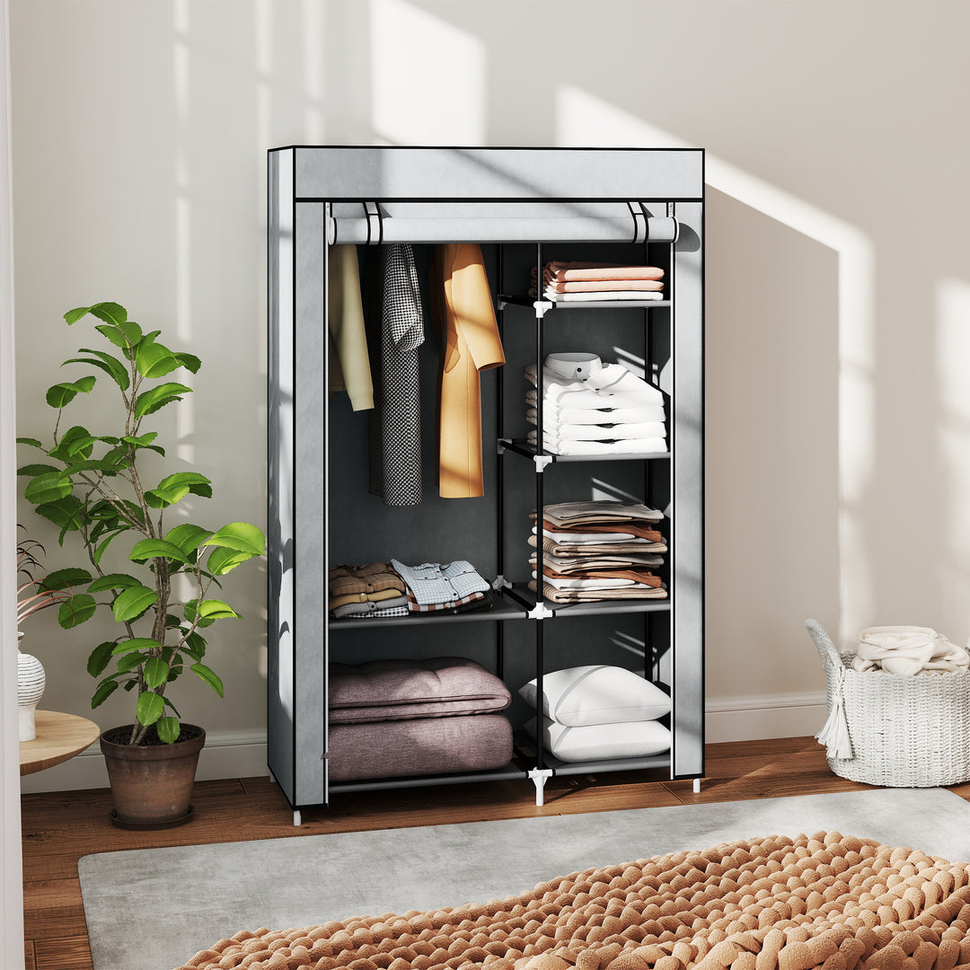 Stofgarderobe, opbevaringsløsning, 6 hylder, 1 garderobestang, lysegrå
