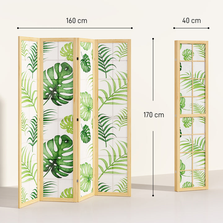4-delt rumdeler, foldbar, boho design, tropisk motiv, fritstående rumdeler, træramme, grøn