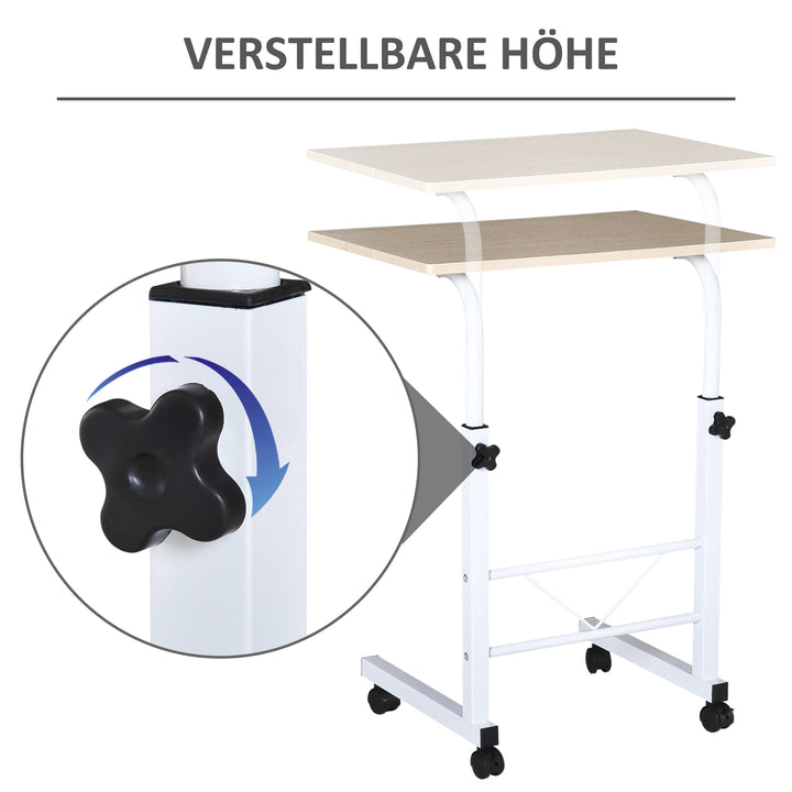 Sidebord højdejusterbart sofabord mobilt endbord med hjul låsebremser c-borde spånplade stål jern plastik hvid ahornfarve 60 x 40 x 68-78 cm