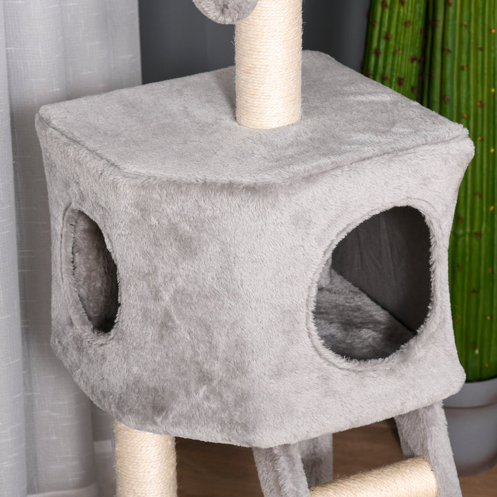Kradsetræ 120 cm kattetårn med hule, legebold, sisalstolper, platform, trappe, kradsetræ i flere niveauer til katte, klatretræ til katte, lysegrå