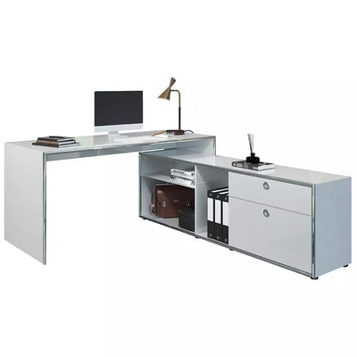 Kontormøbelkombination af skrivebord og lavt bord i lysegrå højglans lak INVERNESS-19, B/H/D ca 160/76/113 cm