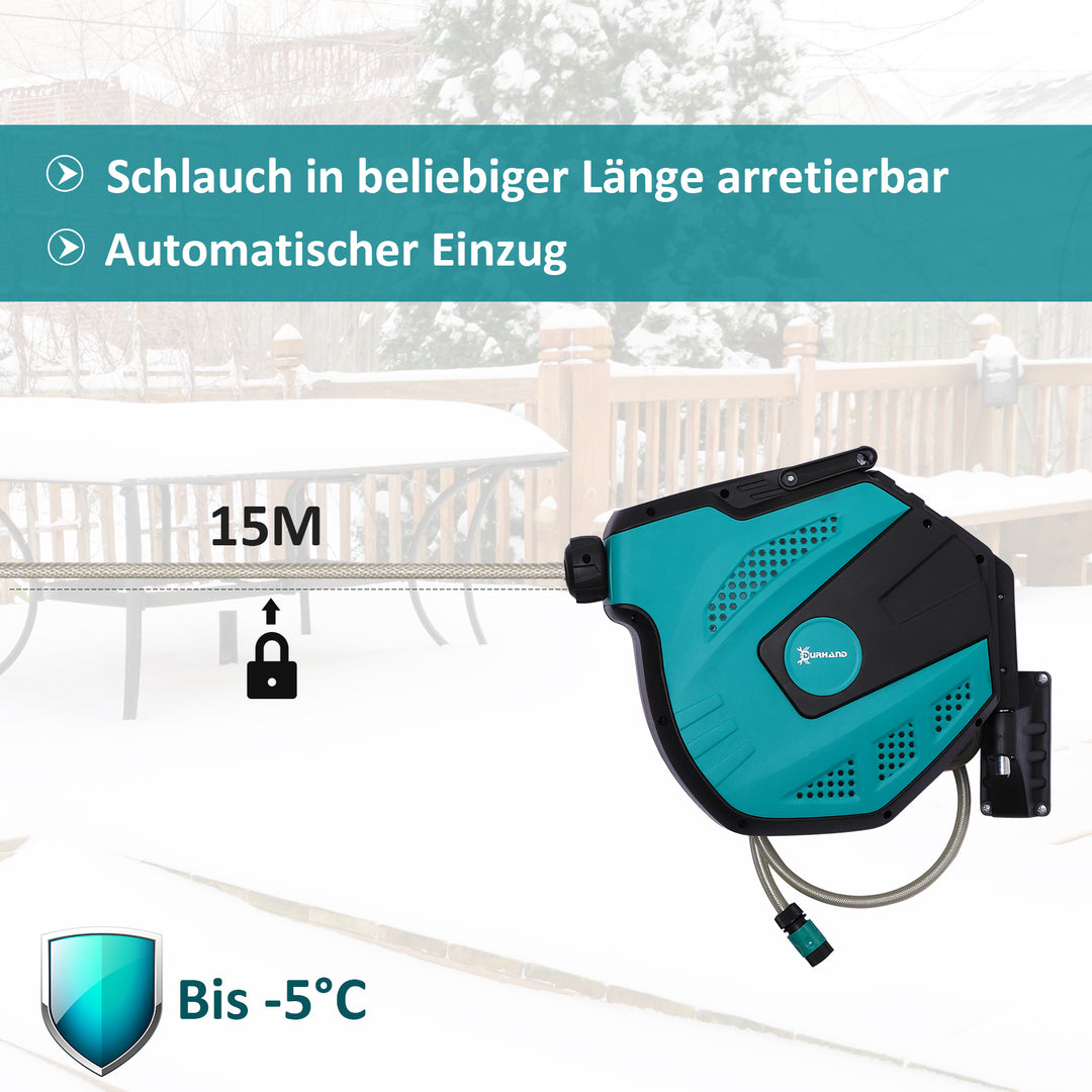 Vægmonteret slangeopruller, 180° drejelig med multibruser, frostbeskyttelse -5–45°c, plast, grøn + sort, 15 m