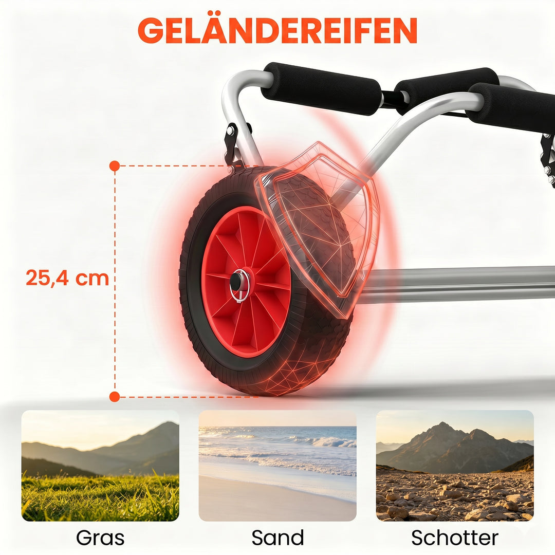 Sammenklappelig kanovogn op til 90 kg, transportvogn i aluminium, kajakvogn, bådvogn med rem, polstrede hjul, surfvogn, kanovogn, bådtrailer, vogn til surfbræt, bræt, oppustelig båd