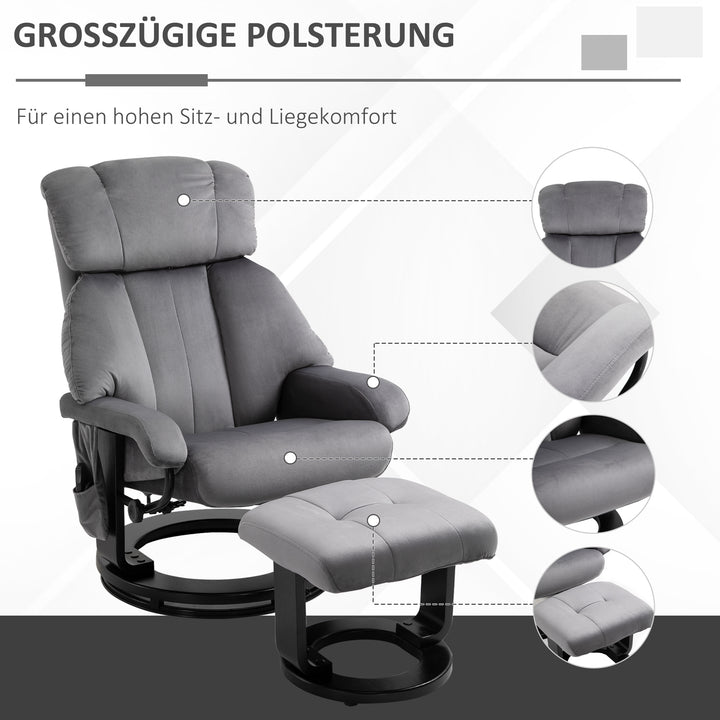 Lænestol med fodskammel, drejelig TV-lænestol med vibrationsmassage, lænefunktion, massagestol med sidelomme, fløjlslook loungestol til stuen, grå