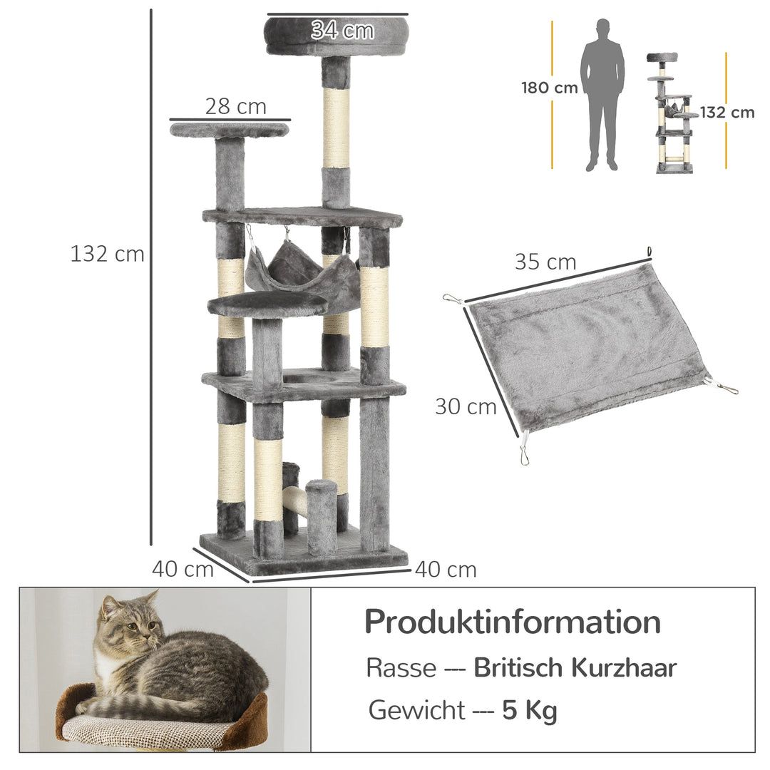Kradsetræ til katte, legetårn til katte, klatretræ til katte, kradsetræ til hængekøje, grå l40 x b40 x h132 cm