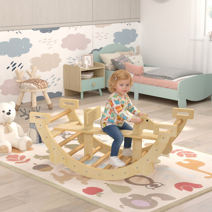 Montessori indendørs klatrestativ, 2-i-1 træklatrebue, til børn 2-4 år, 110x52x45 cm, naturtræ