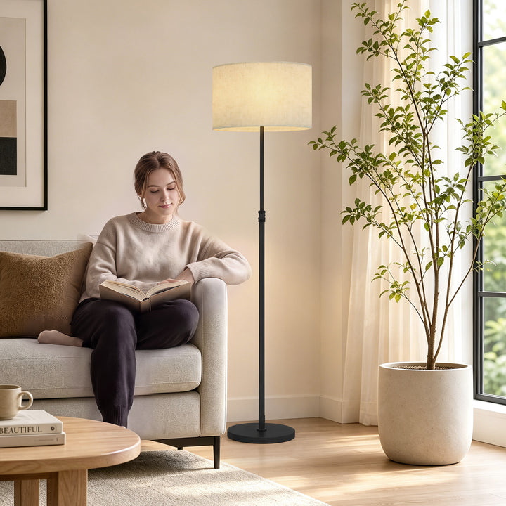 Dæmpbar gulvlampe med linnedskærm, E27, højdejusterbar, sort