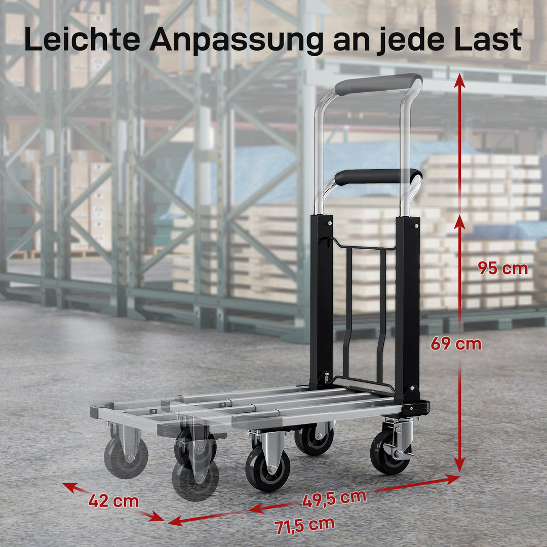 Sammenklappelig sækkevogn, 150 kg lasteevne, udvidelig platform, højdejusterbart håndtag, til kasser, metal, sort