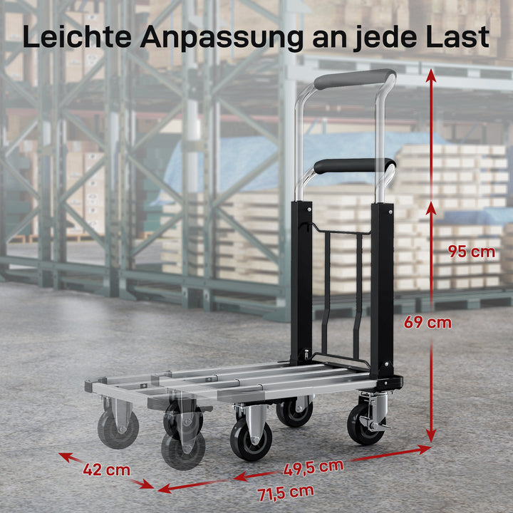 Sammenklappelig sækkevogn, 150 kg lasteevne, udvidelig platform, højdejusterbart håndtag, til kasser, metal, sort