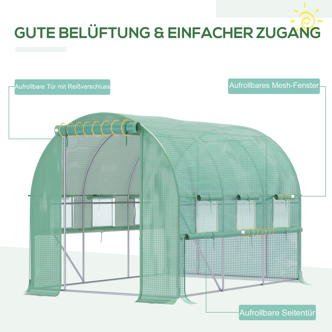 Polytunnel drivhus, 6 rullevinduer, lynlåsdør, ramme i rustfrit stål, 2,95 x 2 x 2 m, grøn