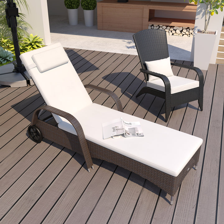 Havestol med hynde, justerbar ryglæn, metalstel, polyrattan, brun+creme, 200 x 73 x 103 cm