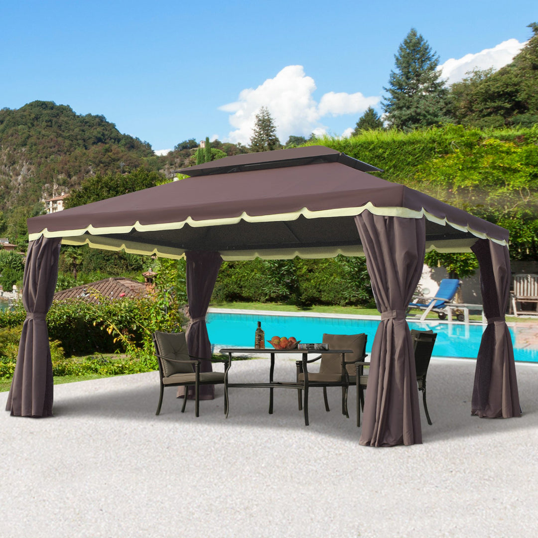 Havepavillon, lysthus, 390 x 290 x 280 cm, havetelt, partytelt med 4 sidepaneler, myggenet, vejrbestandig, aluminium, polyester, kaffe+sort