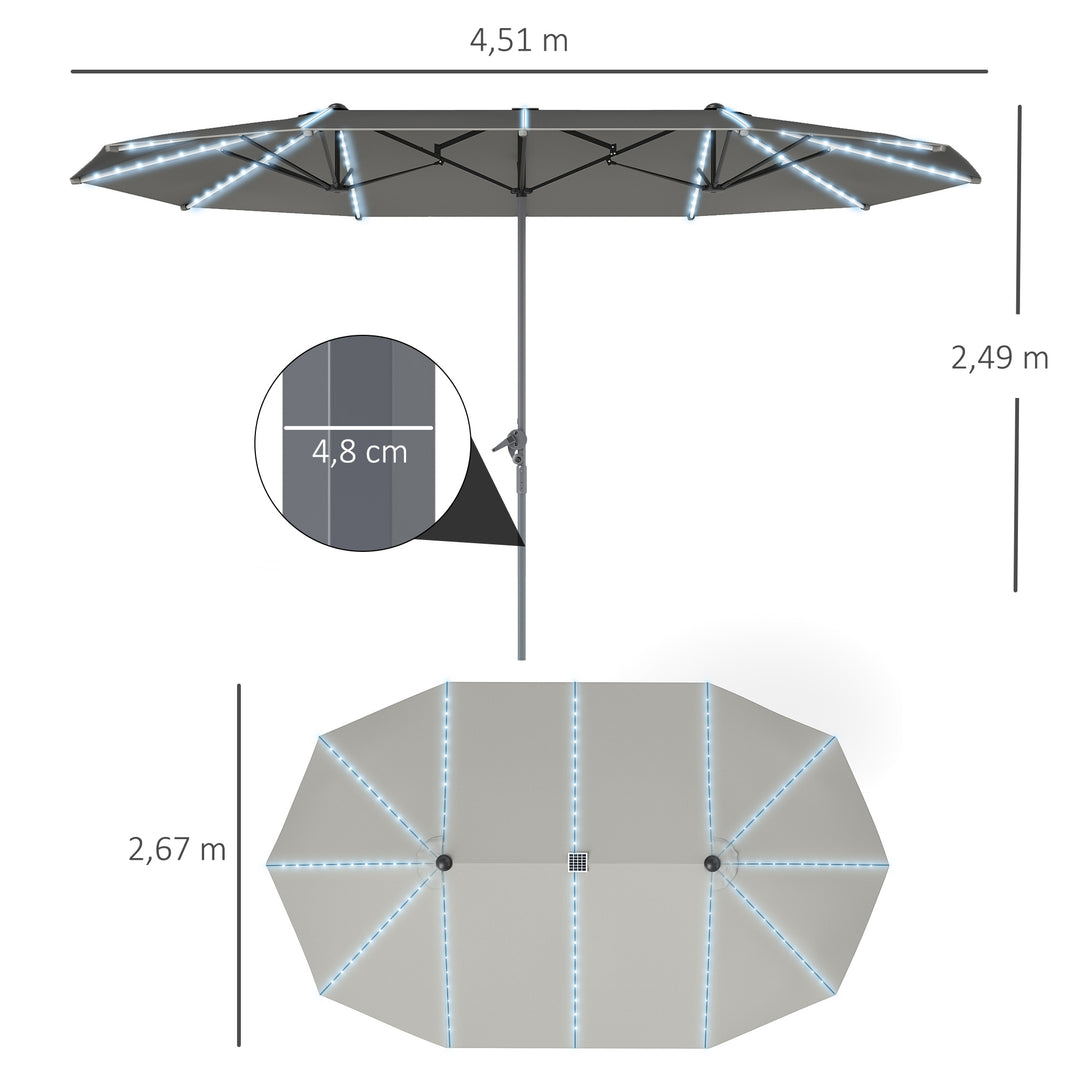 Dobbeltparasol med solcellelys, aluminium, polyester, upf 50+ beskyttelse, uv-resistent, terrasseparasol, mørkegrå