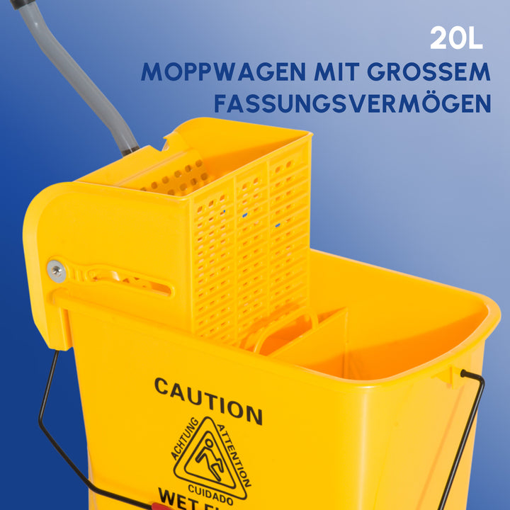 20 L moppespand med vridemaskine og håndtag, moppespand på hjul, plastik, gul