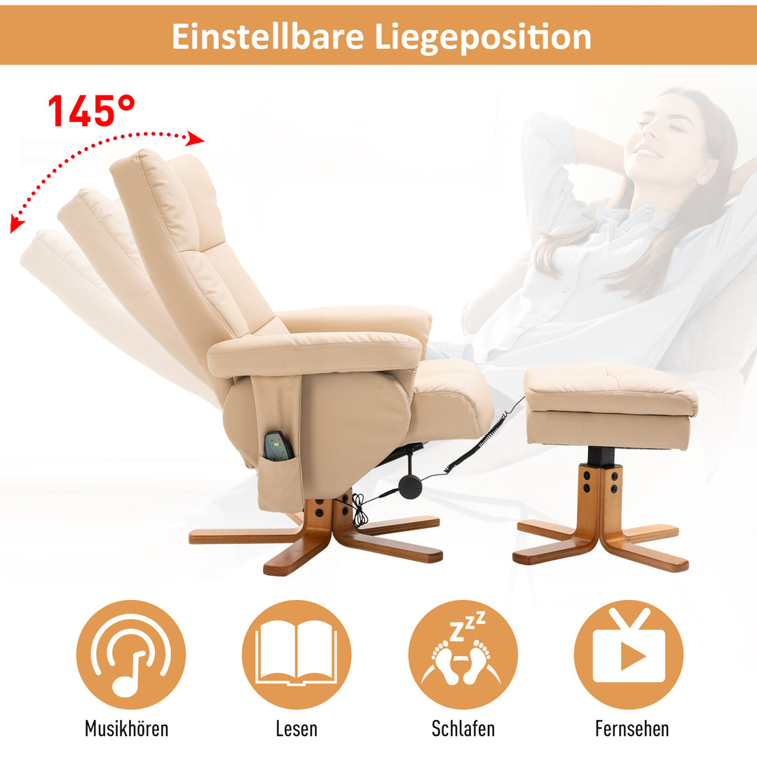 Afslappende stol massagestol med fodskammel opbevaringsplads hvilefunktion tv-stol med massagefunktion tv-stol 145° vipbar polyester cremehvid 80 x 86 x 99 cm