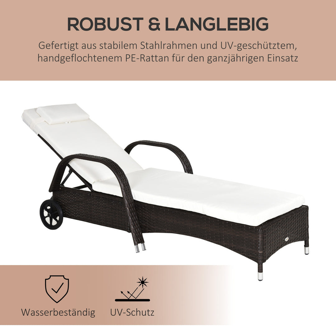Havestol med hynde, justerbar ryglæn, metalstel, polyrattan, brun+creme, 200 x 73 x 103 cm