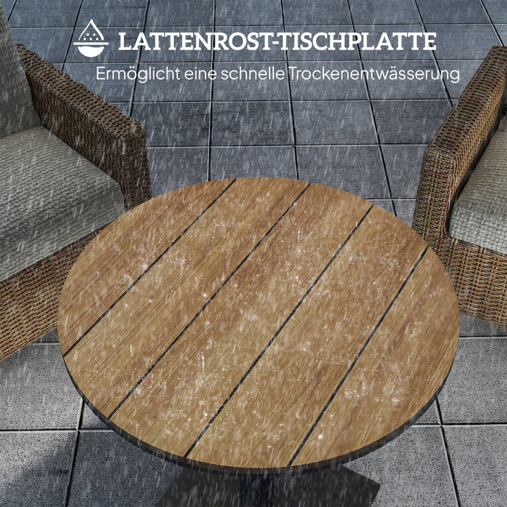 Havebord Ø70 cm, vejrbestandigt rundt balkonbord med lameldesign, stål Ø70 x 74H cm naturtræ