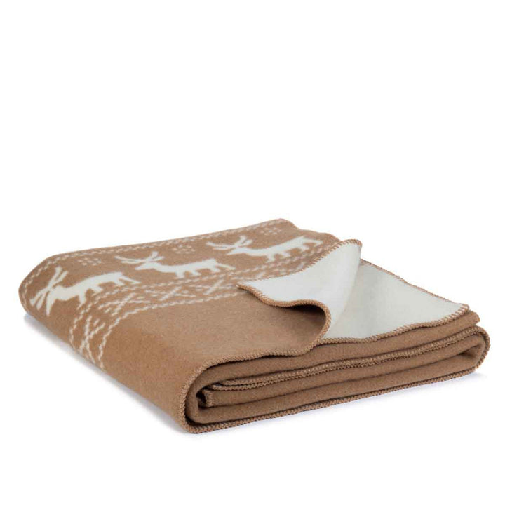 Tæppe af merinould med rensdyr dekorationer - beige-brun, 200x210 cm