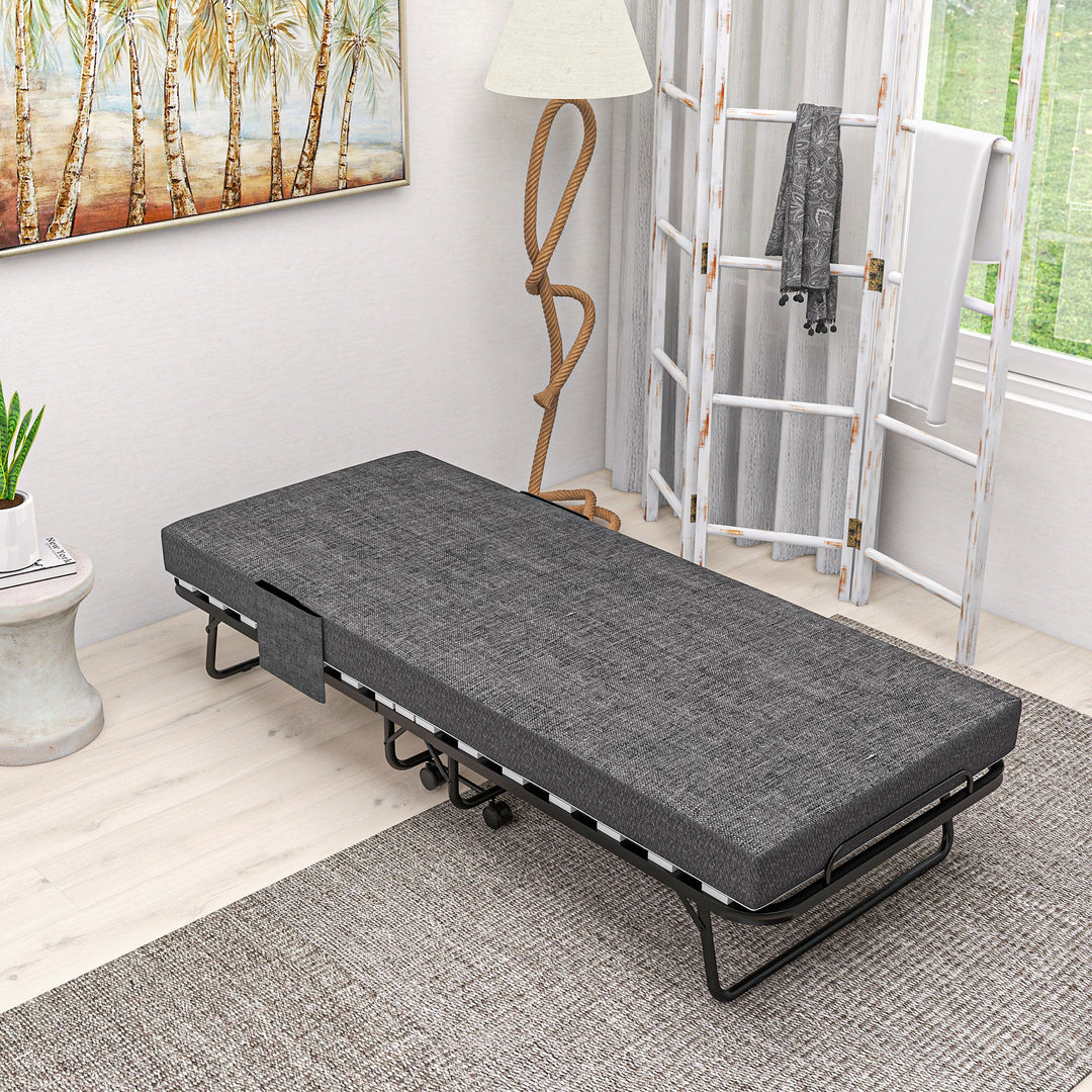 Klapseng med madras, 4 hjul, metalramme, op til 150 kg, 190 x 80 x 42 cm, mørkegrå