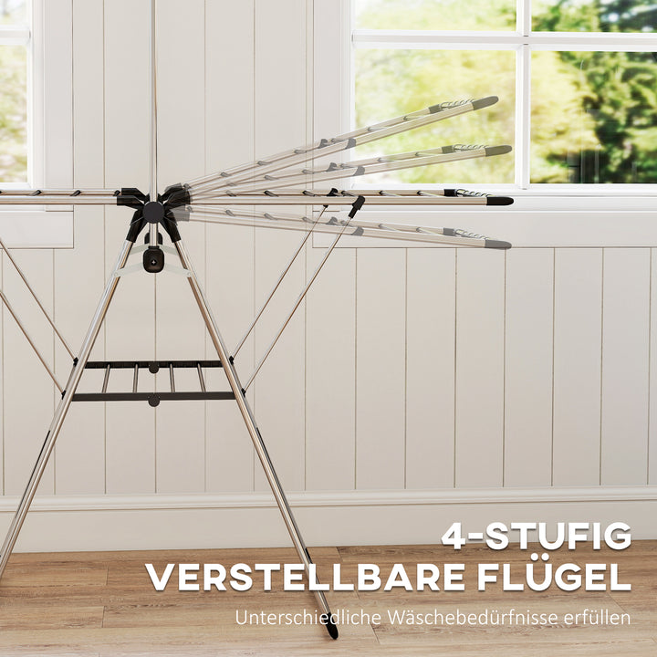 Sammenklappeligt tørrestativ med justerbare vinger og skoholdere, rustfrit stål, 156,5 x 68 x 192 cm, sølv