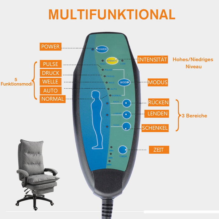 Massagekontorstol, skrivebordsstol med massagefunktion, højdejusterbar, ergonomisk drejestol, nylon, grå