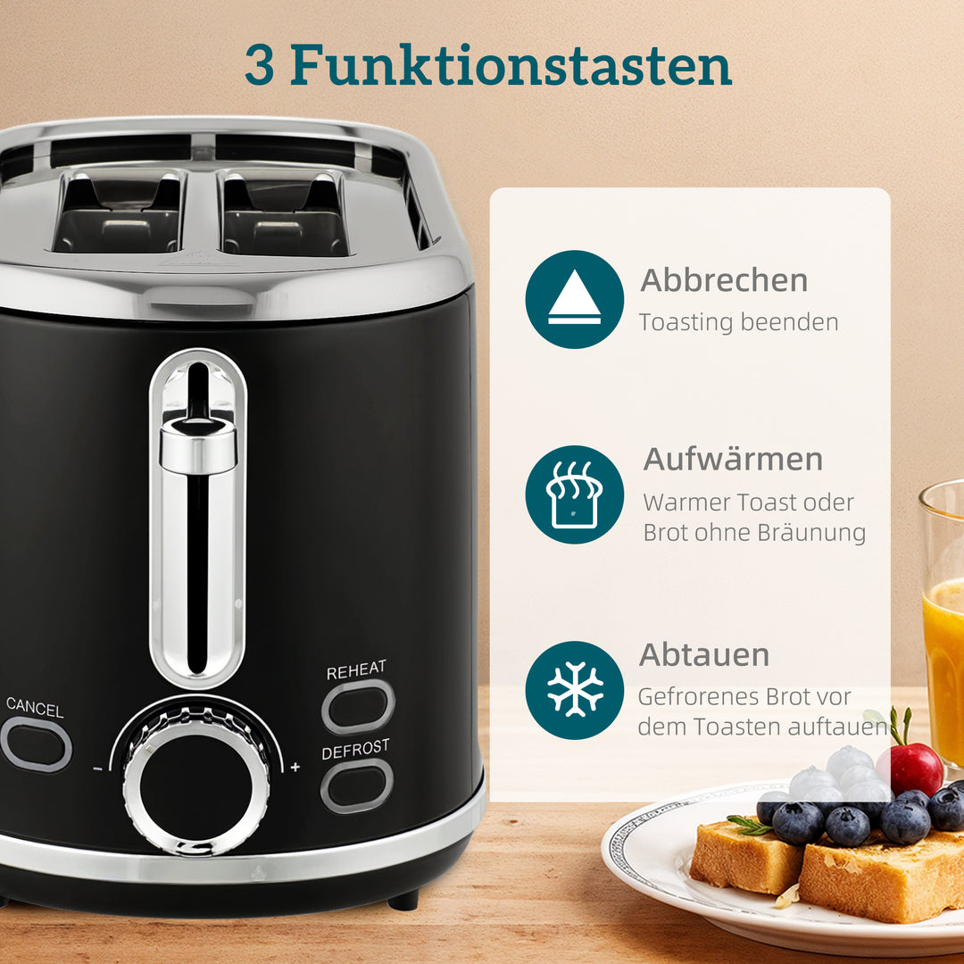 Elkedel- og brødristersæt, LED-display, 1,7 liter, 2200W, retrodesign, hukommelsesfunktion, sort