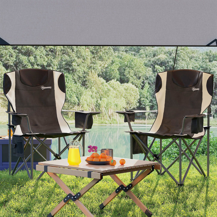 Sæt med 2 foldbare campingstole med armlæn, kopholder, nakkestøtte og køletaske, sort