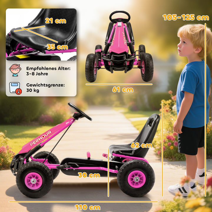 Pedal-gokart til børn, højdejusterbart sæde, EVA-hjul, bremse, kobling, alder 3-8, pink
