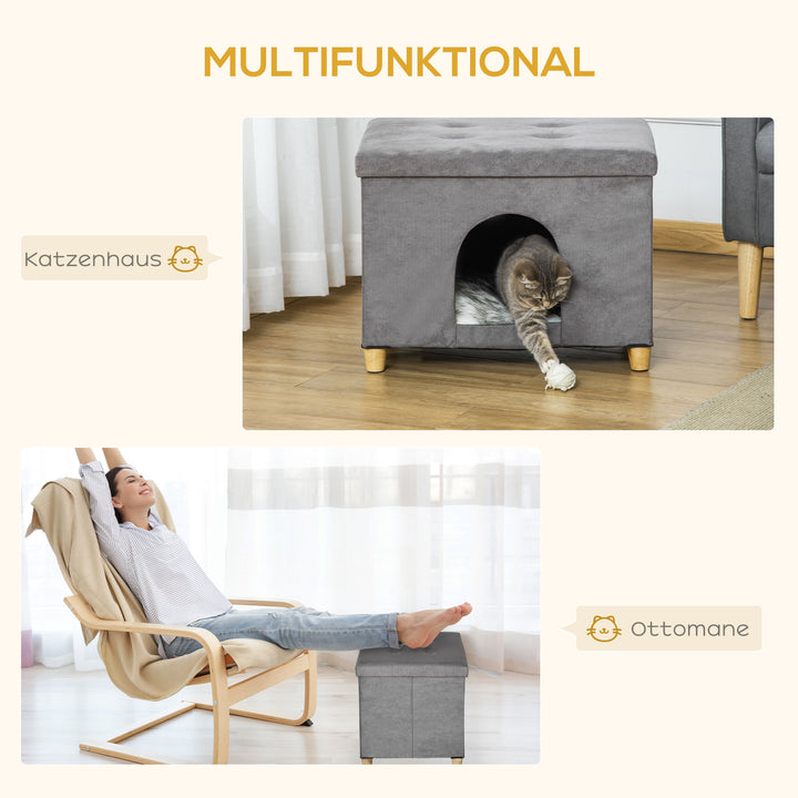 2-I-1 kattehule fodskammel med hynde træben kattehus kattekurv blød polstret fodskammel elegant design aftagelig mdf plys grå 60 x 45 x 44,5 cm