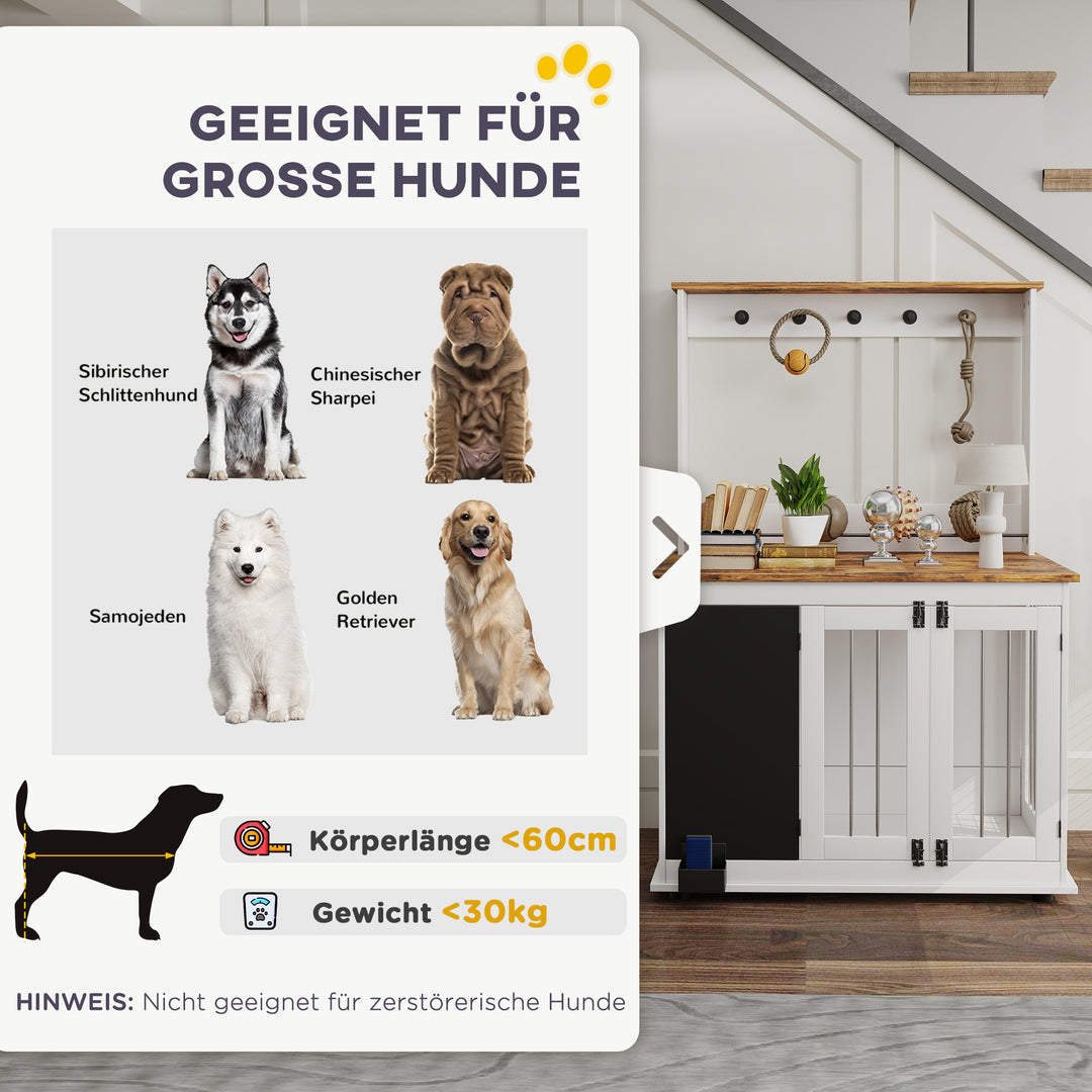 Hundebur med legetøjsopbevaringshylde, snorkrog, skrivetavle, viskelæder, til store hunde, hvid