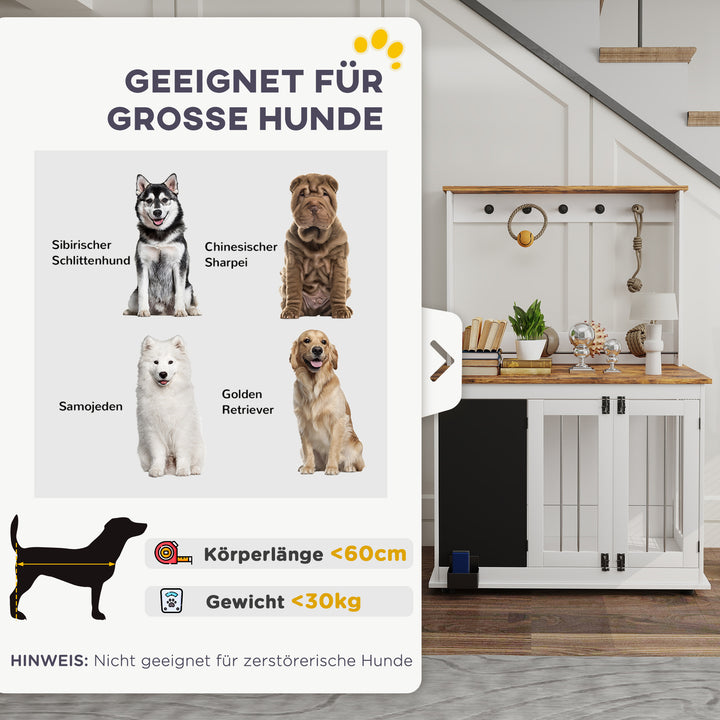 Hundebur med legetøjsopbevaringshylde, snorkrog, skrivetavle, viskelæder, til store hunde, hvid