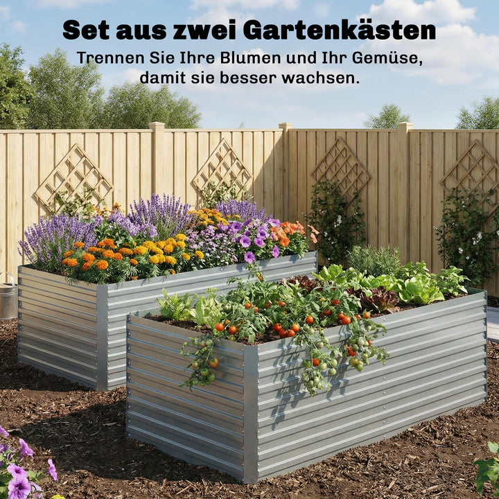Sæt med 2 galvaniserede højbede, 180 x 90 x 60 cm, højbede i metal med sikre kanter, sølv