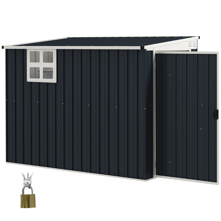 Haveskur, redskabsskur til haveredskaber, vinduer, ventilationsåbninger, aflåselig, stål, mørkegrå