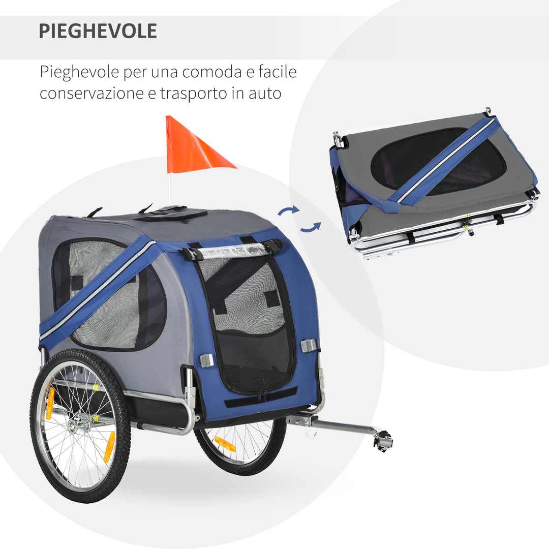 2-I-1 kæledyrstrailer cykeltrailer op til 20 kg foldbart regnslag sikkerhedsflagreflekser stålgrå+blå 130 x 73 x 90 cm